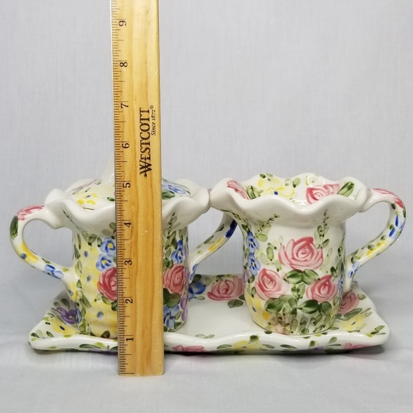 English Garden Creamer Sugar with Lid & Tray Set Tabletops Unlimited Don Swanson - Picture 11 of 13
